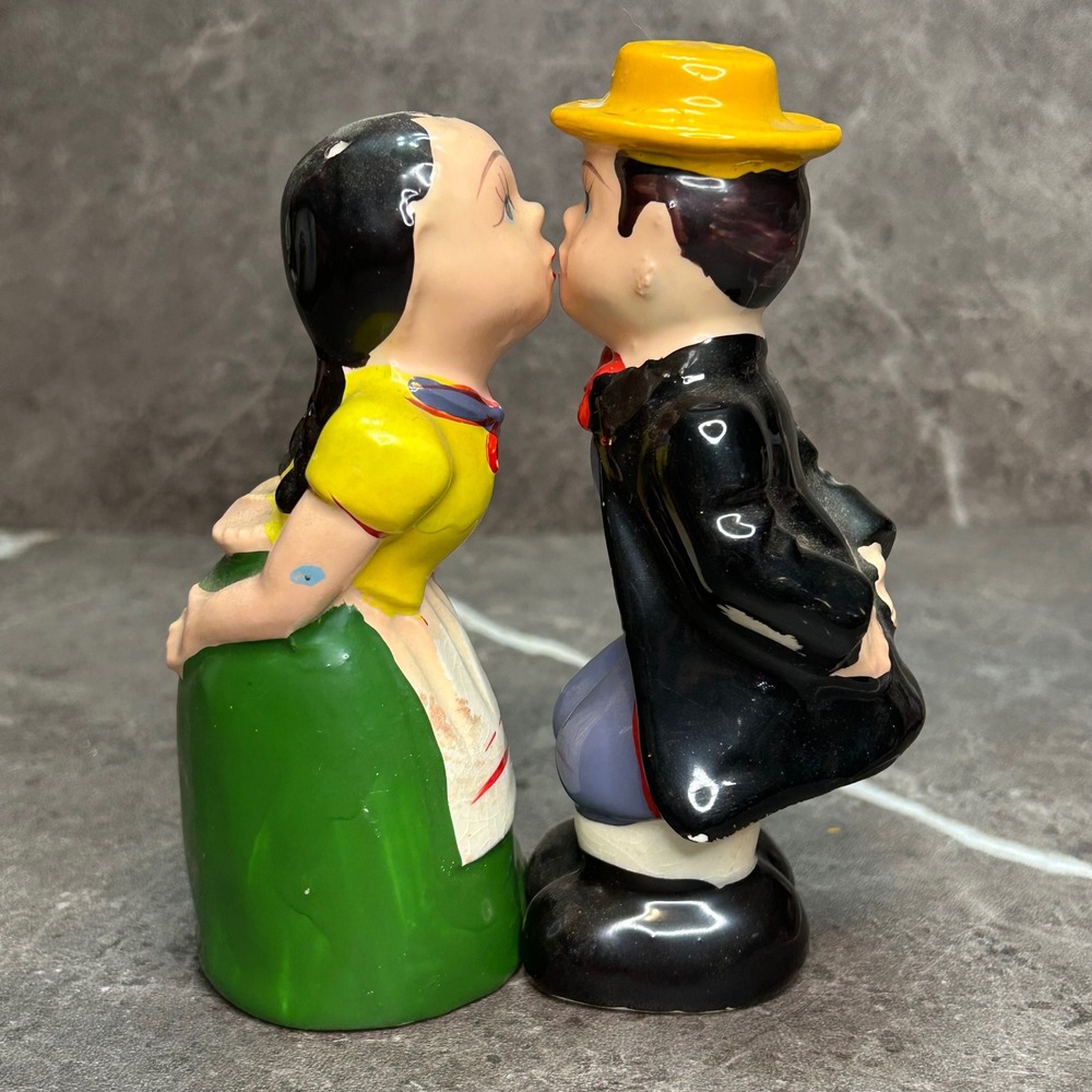Vintage Kissing Dutch Boy and Girl Salt and Pepper Shakers Ceramic Figurines